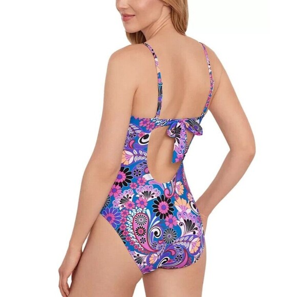 Salt + Cove Women's Floral-Print Tie closure at back One-Piece Swimsuit Purple S - Picture 2 of 10